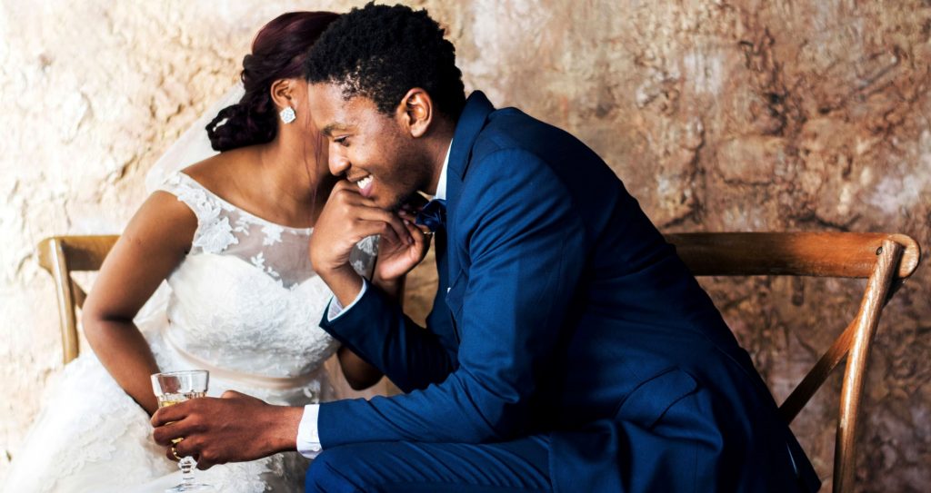 wedding couple blue suit talking