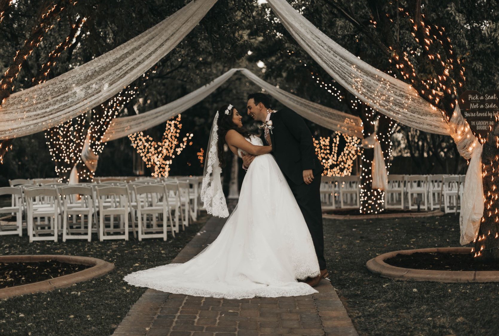 Wedding Trends 2020 - Bride and Groom standing under fairy lights