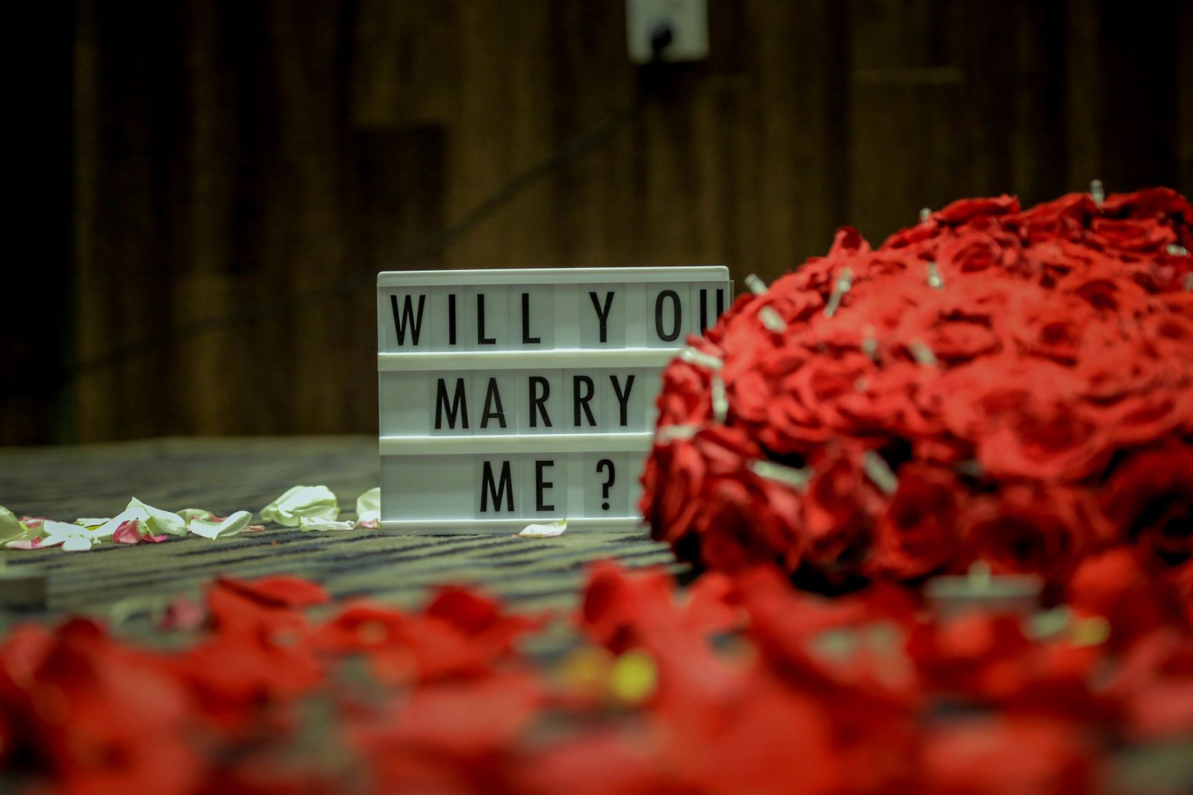 Creative Proposal Ideas - A sign that reads "Will You Marry Me?" next to read roses