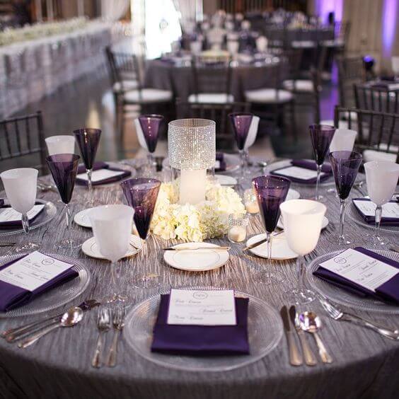 fall wedding colors - grey and purple reception table