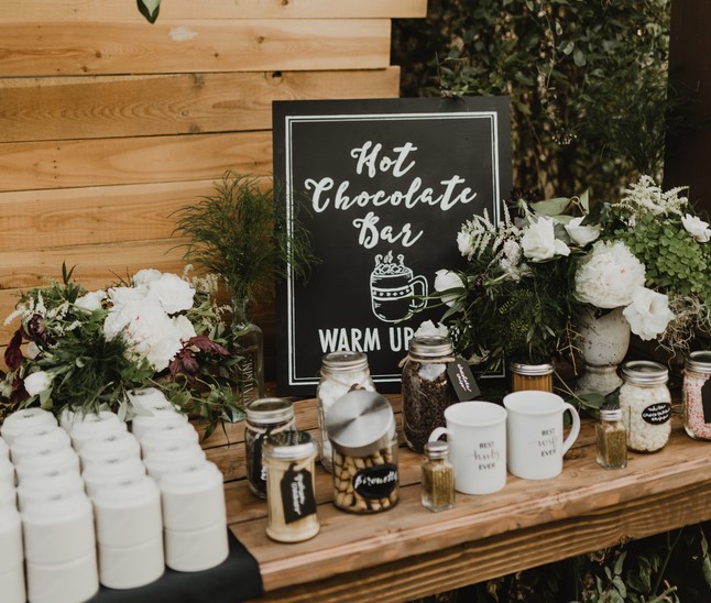 Hot chocolate bar at winter wedding