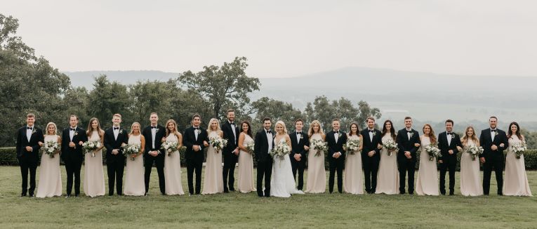 bride and groom along with wedding party in slim fit suits