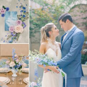 bride holding periwinkle colored flowers looking at groom in blue suit, blue wedding invitation, table with lavender and periwinkle blue flowers and light blue chairs