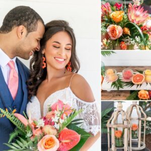 groom in blue suit next to bride holding bright colored bouquet, orange roses in wooden lanterns, sherbert with fruit