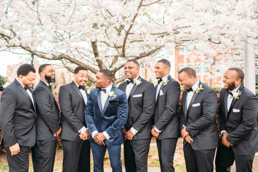 Navy groom deals gray groomsmen