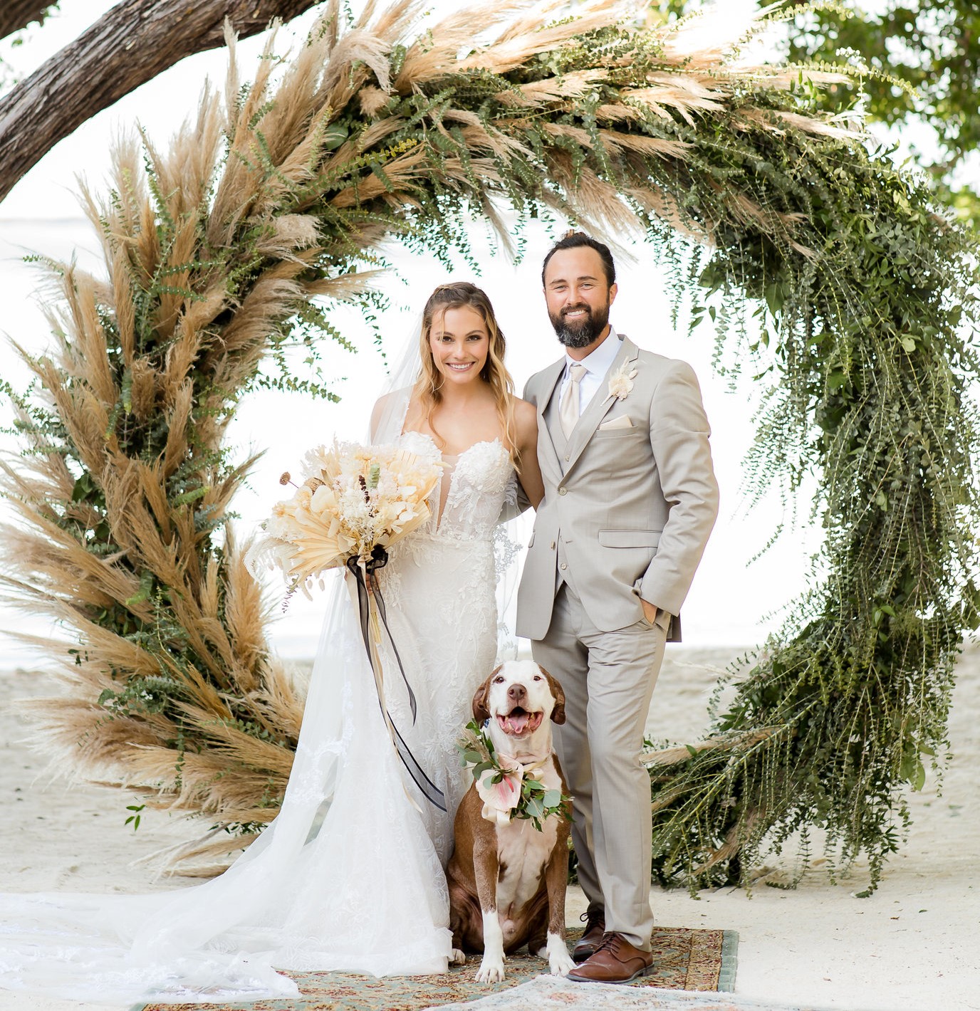 bride and groom with dog