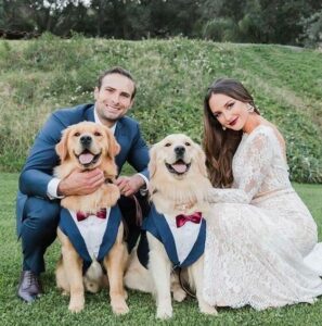 bride and groom with two dogs wearing tuxedo