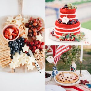 Collage of Festive America Wedding Must Have foods, fruit, cake, pie.