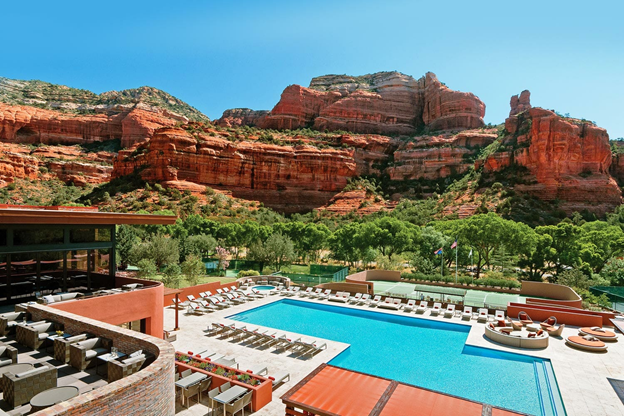 pool deck and resort restaurant surrounded by the sedona desert