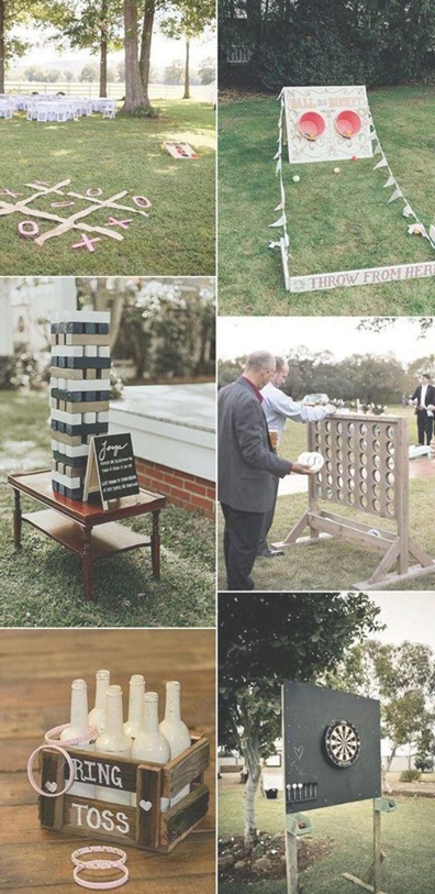 collage of images containing different yard games that could be played at a backyard wedding