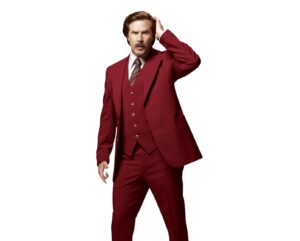 Actor Will Ferrell dressed in burgundy 3-piece suit as Ron Burgundy