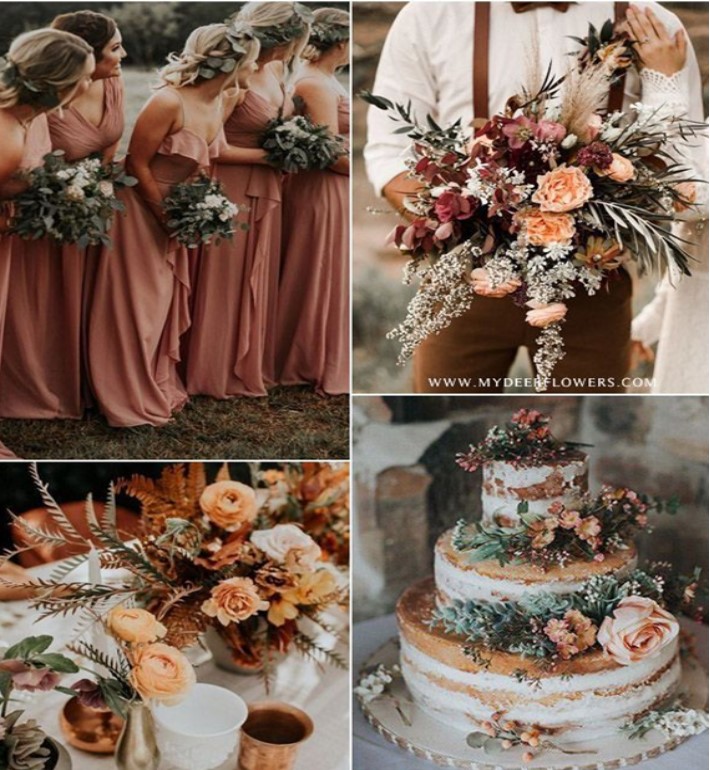 collage of wedding images using rust and sage green including bridesmaids' dresses, bouquets, cakes