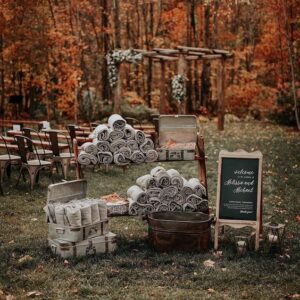 display of blankets for outdoor winter wedding