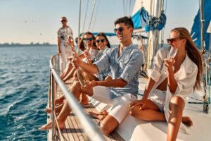 Friends on yacht for joint bachelor/bachelorette party trip