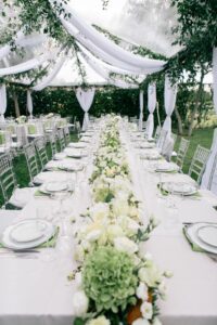 outdoor table setting for a wedding. greenery hanging from top of canopy, flowers down the middle of the table.