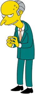 cartoon villain, Mr. Burns from The Simpsons; wearing a green suit, light orange tie, black shoes