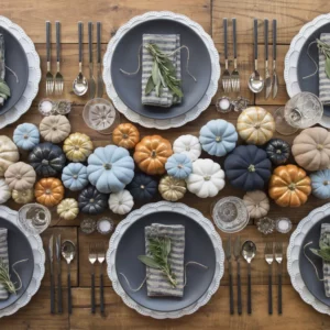 2023 fall wedding table setting with different sizes and colors of pumpkins down the center of the table
