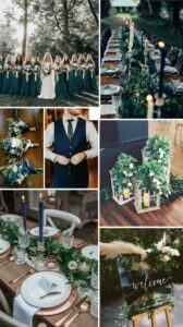 collage of images: bride wearing white and bridesmaids wearing emerald dresses, wedding table with greener down the middle, copper utensils and accents and navy blue candles, groom with navy pants and vest and emerald tie 