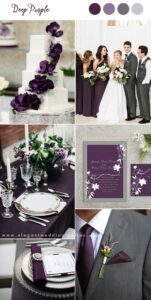 collage of images from a winter wedding with wedding cake with deep purple flowers cascading down, wedding table with purple tablecloth, purple and grey wedding invitations, bridesmaids in plum dresses, guys in dark grey suit, groom with plum tie and pocksquare