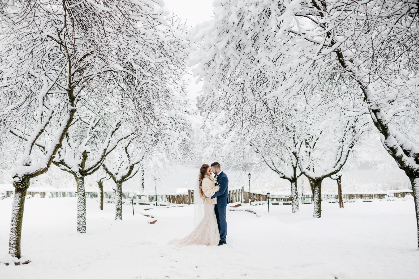 Bride and groom at their winter wedding, surrounded by trees covered in snow, snow on the ground, they are hugging and looking at each other