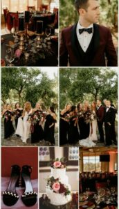 collage of images: wedding tables with gold candlesticks and black candles, groom in burgundy jacket, bridesmaids in black dresses with bride in white, wedding party standing together laughing, black heels, wedding cake with red and pink flowers