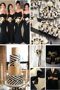 bridesmaids in black dress, black, white and gold wedding cake, glittery gold invitation, bride hold black, white and gold bouquet, groom in black tux with gold tie 