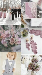 collage of images: bridesmaids in mauve dresses, guys in black tuxes, mauve wedding invites, mauve and green bouquet, little boy in grey pants and vest, mauve roses in a vase on a table