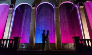 bride and groom at the bell tower on 34th in Houston, TX