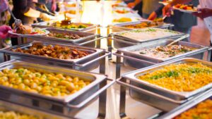 buffet style at a wedding reception, comfort food, veggies and meat