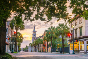 bachelor party location - Charleston, SC downtown street in the evening