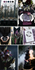 collage of moody wedding images. table setting with dark purples, black table cloth. Groom in black holding rings. Wedding invitation, dark red roses and purple flowers in a wedding bouquet, and a black wedding cake
