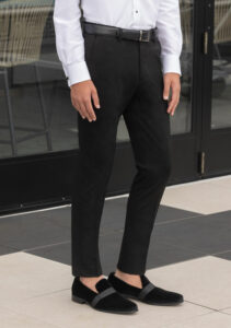 prom trends - black tuxedo pants with a shorter length to show velvet loafers